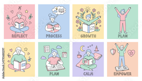 Personal growth concepts vector illustrations reflect process plan growth calm empower