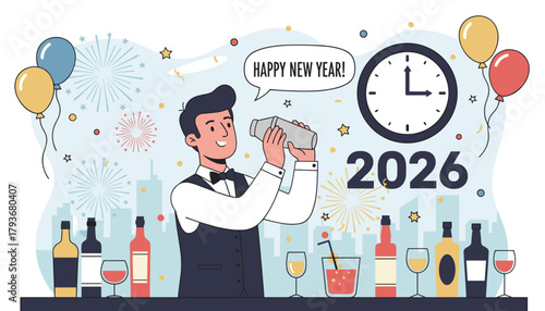 Bartender making drinks at a New Years Eve 2026 party with clock fireworks and celebration