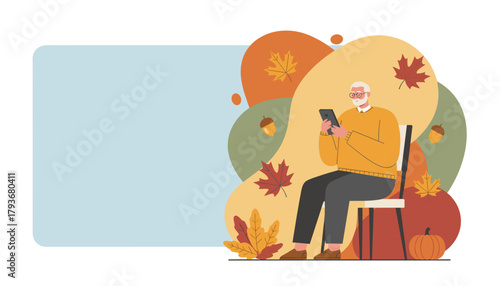 Senior man using smartphone in autumn setting Flat vector illustration with copy space