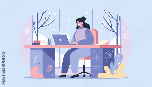 Comfortable woman working on laptop at modern desk during a snowy winter day Remote office illustration