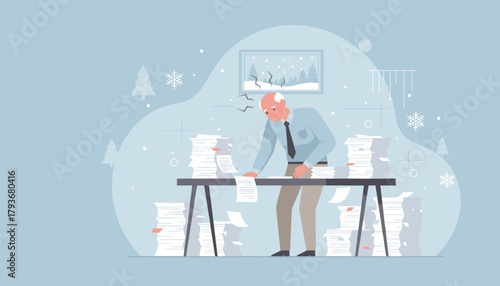 Stressed senior worker buried in piles of yearend paperwork during the winter holiday season