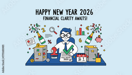 Happy New Year 2026 Businessperson celebrates financial clarity after completing the annual report