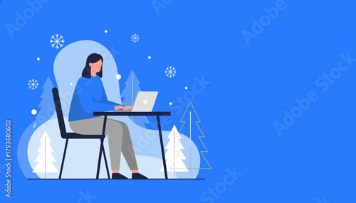 Working remotely on a laptop in a stylized blue winter landscape with snowflakes and trees