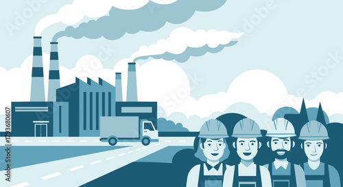 Industrial team portrait outside factory with smokestacks and truck Manufacturing and logistics concept