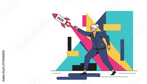 Senior businesswoman launching a 2026 rocket Business goals success and startup concept