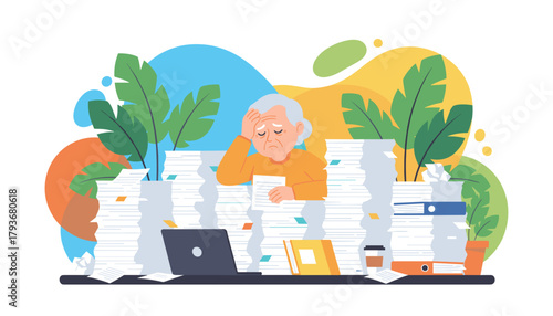 Overworked senior feeling burnout and stress from immense piles of office bureaucracy and documents