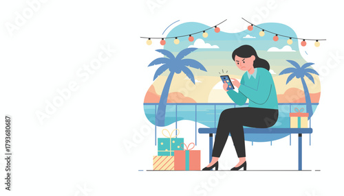 Frustrated woman on holiday checking smartphone with gifts and palm trees nearby