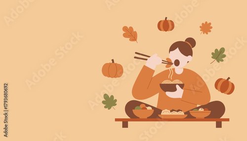 Person eating Asian cuisine with chopsticks surrounded by fall leaves and pumpkins Autumn harvest concept