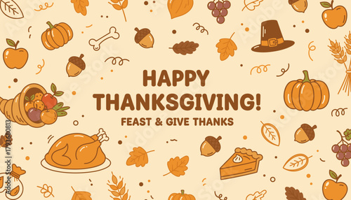 Happy Thanksgiving banner with cute cartoon turkey pumpkin pie and fall harvest doodles