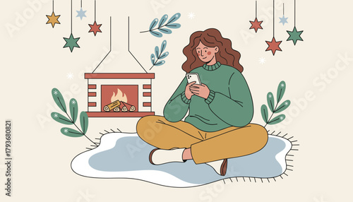 Woman relaxes by a cozy fireplace using her smartphone Winter holidays home comfort digital connection