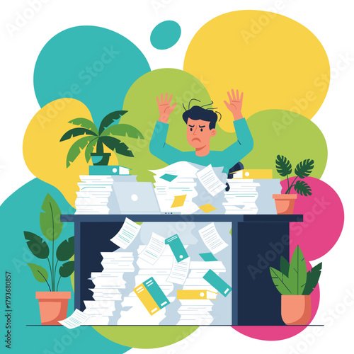 Stressed businessman overwhelmed by piles of paper at his messy office desk Deadline panic