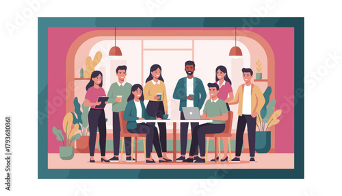 Happy diverse team collaborating in a trendy cafe or coworking space Business teamwork concept