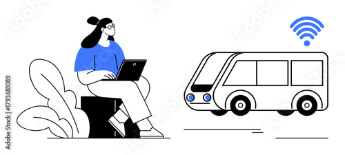 Woman with laptop sitting on bench near foliage, smart bus with wireless. Ideal for technology, remote work, transport, mobility, smart city, online connectivity urban innovation. Simple flat