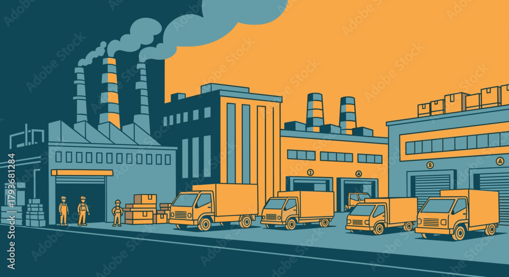 Obraz premium Busy industrial logistics center illustration with factories workers and fleet of delivery trucks