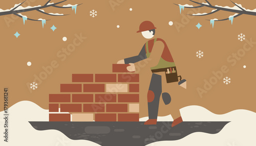 Bricklayer builds a wall outside during winter snowfall Construction worker hard at work in cold weather