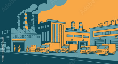 Busy industrial logistics center illustration with factories workers and fleet of delivery trucks