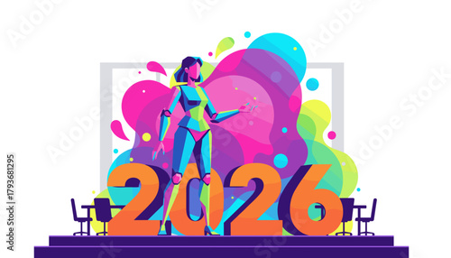 Futuristic female robot welcomes the year 2026 amidst vibrant abstract shapes Technology future concept