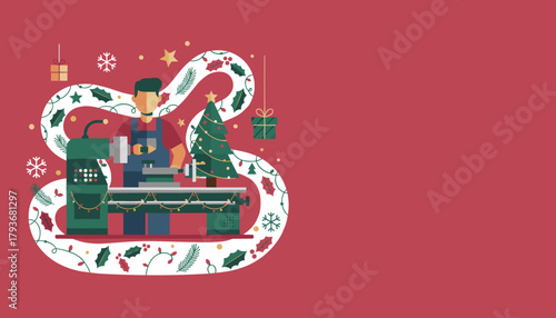 Christmas industry worker operating machinery with holiday decorations