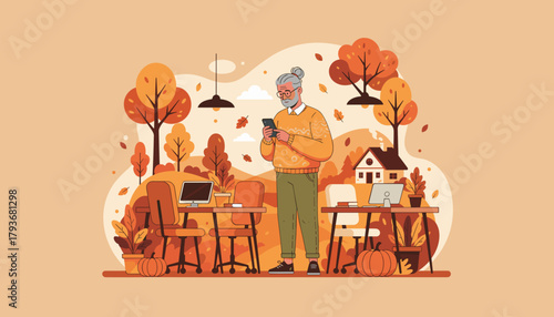 Modern senior working remotely on a phone in a vibrant autumnal outdoor office illustration