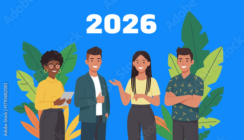 Multicultural business group celebrating 2026 future goals and collaboration