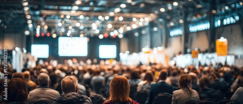 Blurred audience at a professional business conference in a large hall. High quality