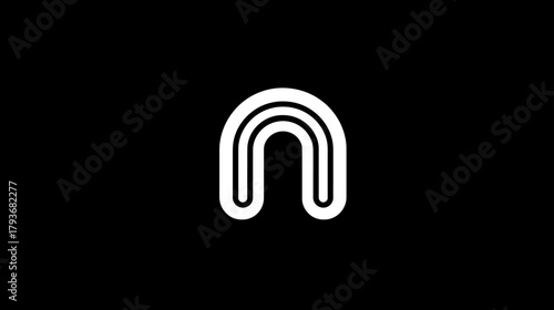 Modern abstract white geometric arc shape with rounded lines, minimalist symbol design on a black background, graphic element concept.