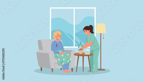 Caregiver assists smiling senior patient at home Health recovery and professional support services