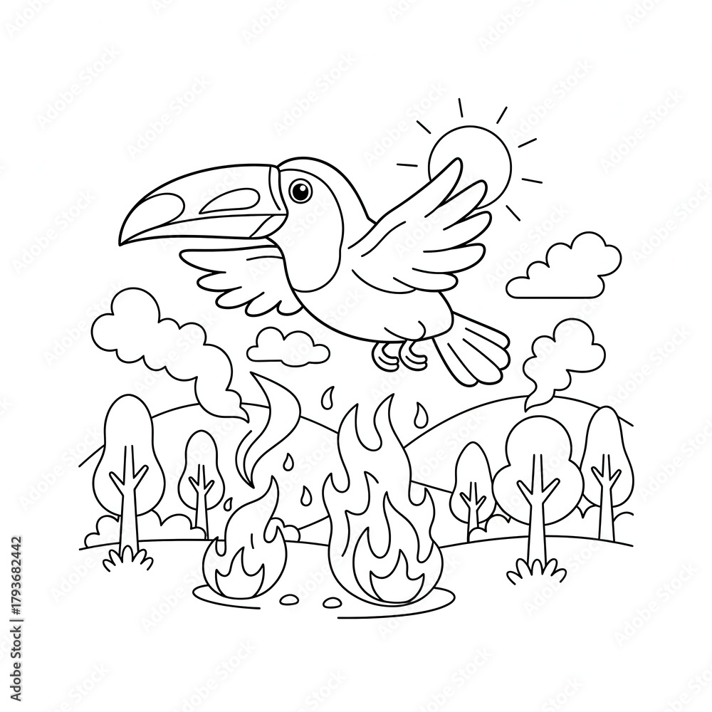 Obraz premium Toucan flies over a wildfire with trees and smoke