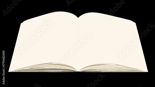 Isolated blank open book with empty white pages against a black background, perfect for text, design, or mock-up, copy space.