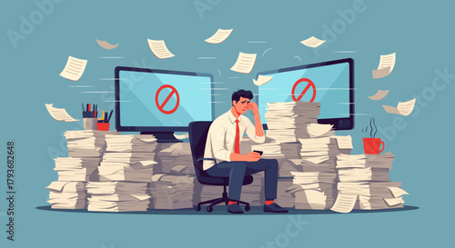 Stressed worker buried in towering paperwork stacks and computer errors symbolizing professional overload