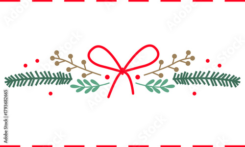 Christmas vector composition with green fir branches and red bow isolated on white background
