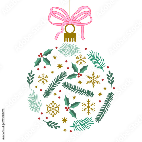 Christmas bauble with fir branch and berries. Holiday Christmas Card