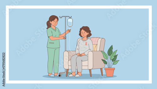 Nurse administering IV treatment to smiling cancer patient with pink ribbon in clinic setting