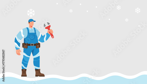 Professional plumber holding a wrench in winter Cold weather maintenance and repair services