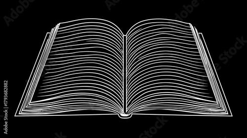 White Outline Open Book Illustration on Black Background - Concept of Education, Learning, Reading & Knowledge