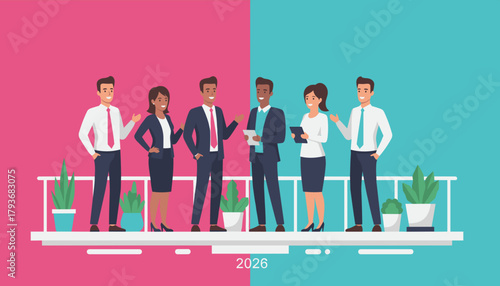 Diverse professional team meeting on a platform against split color background representing teamwork and success