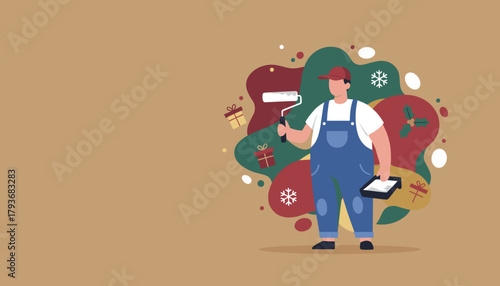 Handyman ready for holiday renovations holding paint roller with festive Christmas background