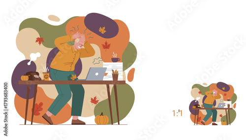 Senior man stressed and overwhelmed by work overload in an autumn office setting