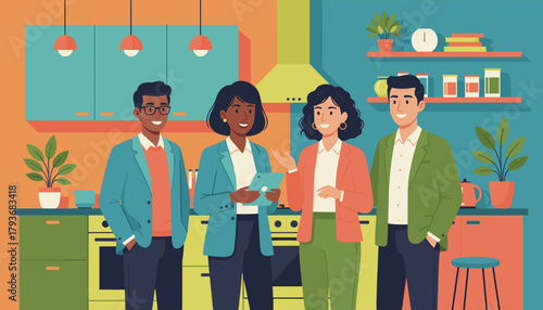 Diverse team collaboration in a colorful modern kitchenbreakroom Business meeting and planning