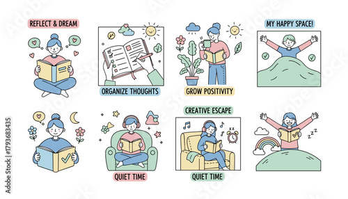 A set of selfcare and mindful activity illustrations reading organizing relaxing and reflecting