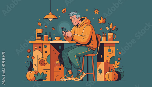 Relaxed senior man using a mobile phone indoors in an autumnal cozy setting
