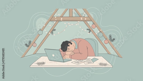 Tired person asleep on laptop at decorated desk Remote work exhaustion stress or holiday burnout concept
