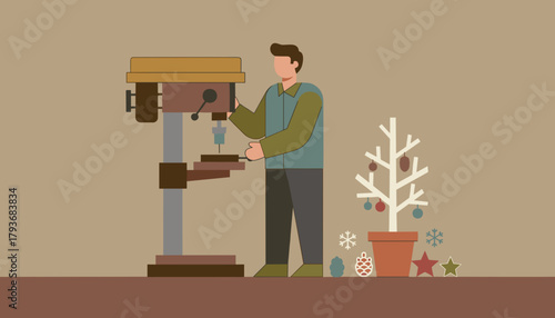 Man using a drill press next to a minimalist Christmas tree DIY holiday crafting
