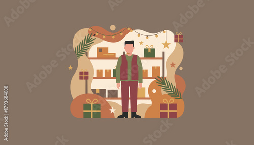 Worker standing among shelves stocked with holiday gifts and packages Festive retail fulfillment