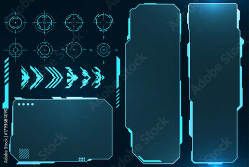 Neon HUD Tracking Display with Tactical Interface Panels. A neon-blue tracking HUD display designed with tactical panels, arrows, and dynamic target indicators.
