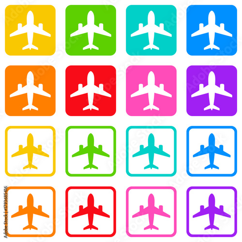 飛行機の四角いスタンプ型アイコン 2種類のカラフル8色セット