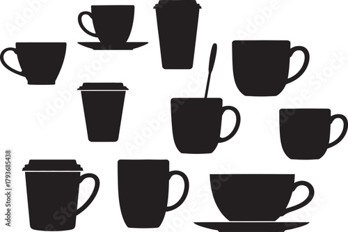 Collection of Black Coffee Cup and To Go Cup Silhouettes on White tea cup