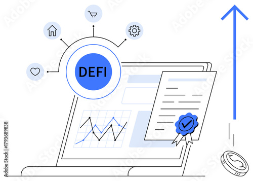 Laptop displaying growth chart, DEFI icons, certified document, upward arrow, and digital coin. Ideal for finance, blockchain, cryptocurrency, investment innovation technology economic growth