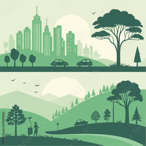 A futuristic city with air pollution is gradually transforming into a green and clean city.