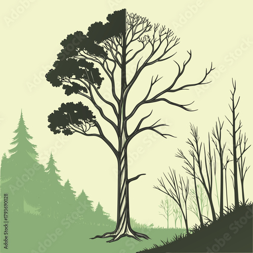 Forests divided in half: half green and alive, half burned and destroyed.